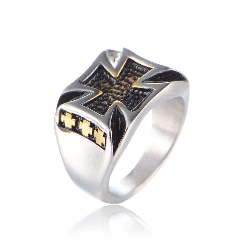Knights Templar Commandery Ring - Silver & Gold Cross Titanium Steel Ring - Bricks Masons