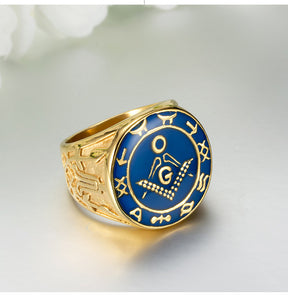 Master Mason Blue Lodge Ring - Titanium Steel In Gold & Blue - Bricks Masons