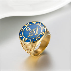 Master Mason Blue Lodge Ring - Titanium Steel In Gold & Blue - Bricks Masons