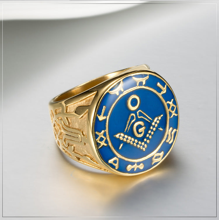 Master Mason Blue Lodge Ring - Titanium Steel In Gold & Blue - Bricks Masons