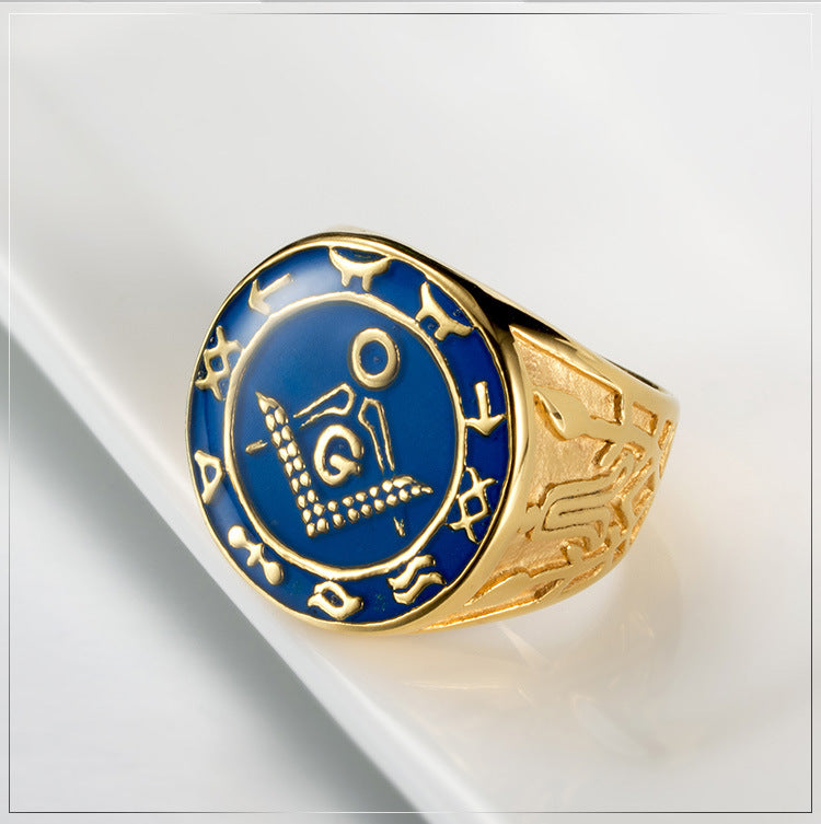 Master Mason Blue Lodge Ring - Titanium Steel In Gold & Blue - Bricks Masons