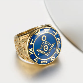 Master Mason Blue Lodge Ring - Titanium Steel In Gold & Blue - Bricks Masons