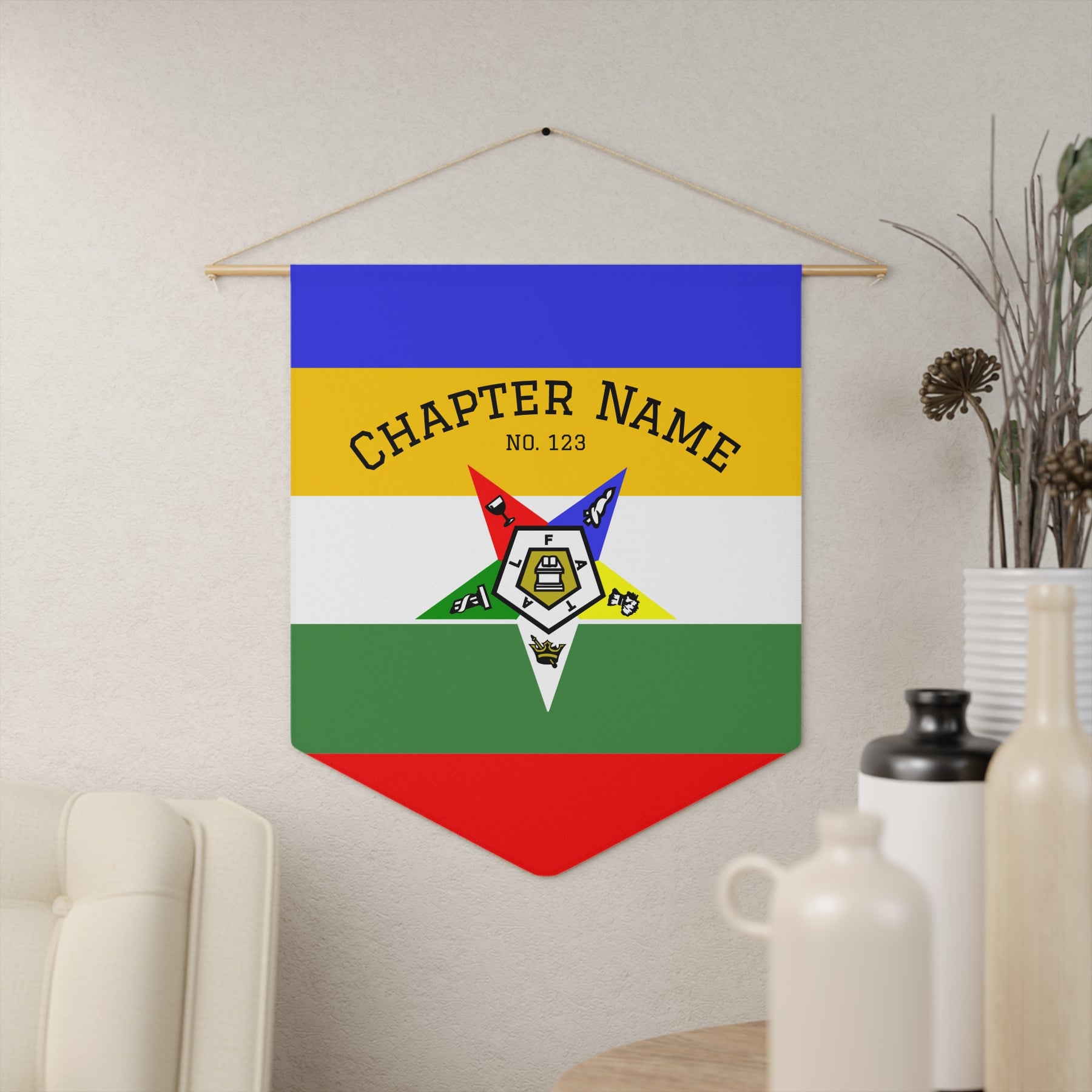 OES Pennant - Colorful Star on Polyester Twill With Personalization - Bricks Masons