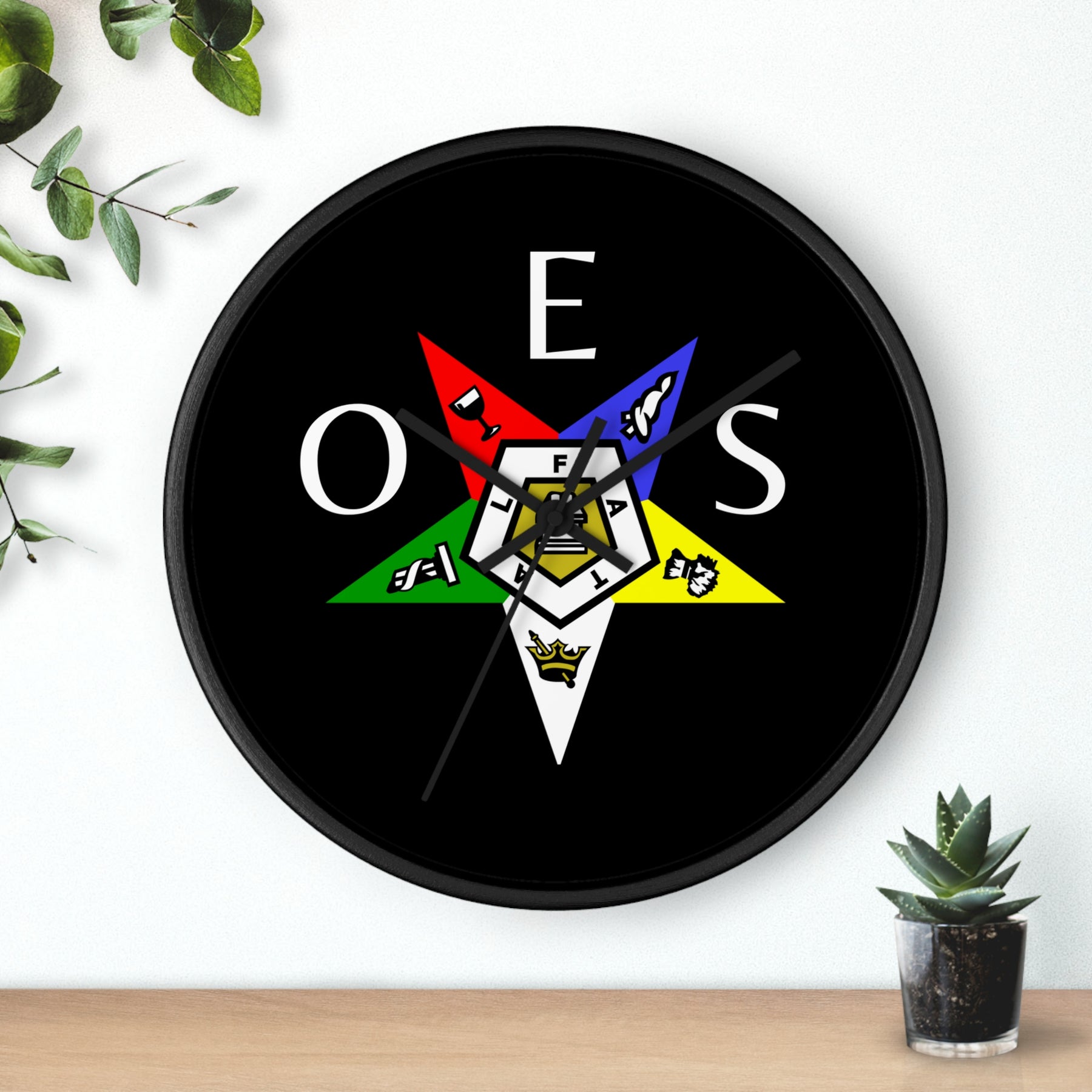 OES Clock - Colorful Star Emblem with OES Lettering on Wooden Frame - Bricks Masons