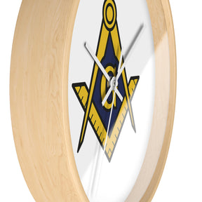 Master Mason Blue Lodge Clock - Wood Frame with Golden Square & Compass G - Bricks Masons