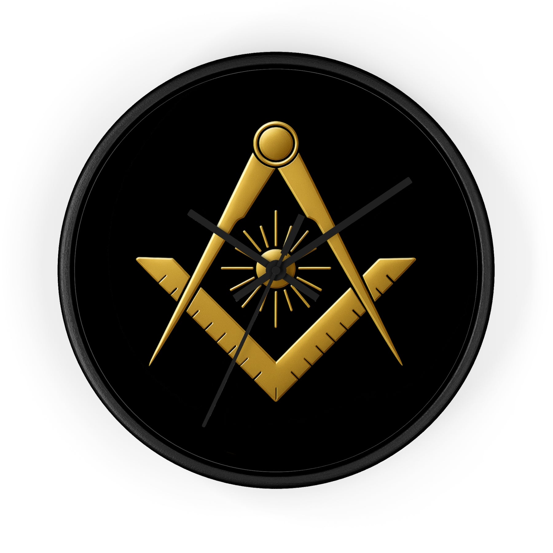 Master Mason Blue Lodge Clock - Golden S&C with Sun in Wooden Frame - Bricks Masons