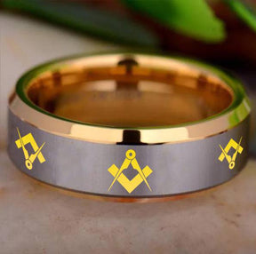 Master Mason Blue Lodge Ring - Gold Beveled Tungsten Personalizable