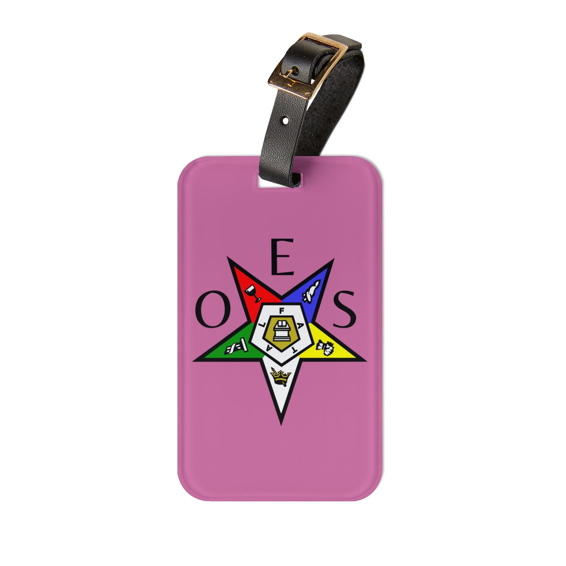 OES Luggage Tag - Pink With Black Leather Strap - Bricks Masons