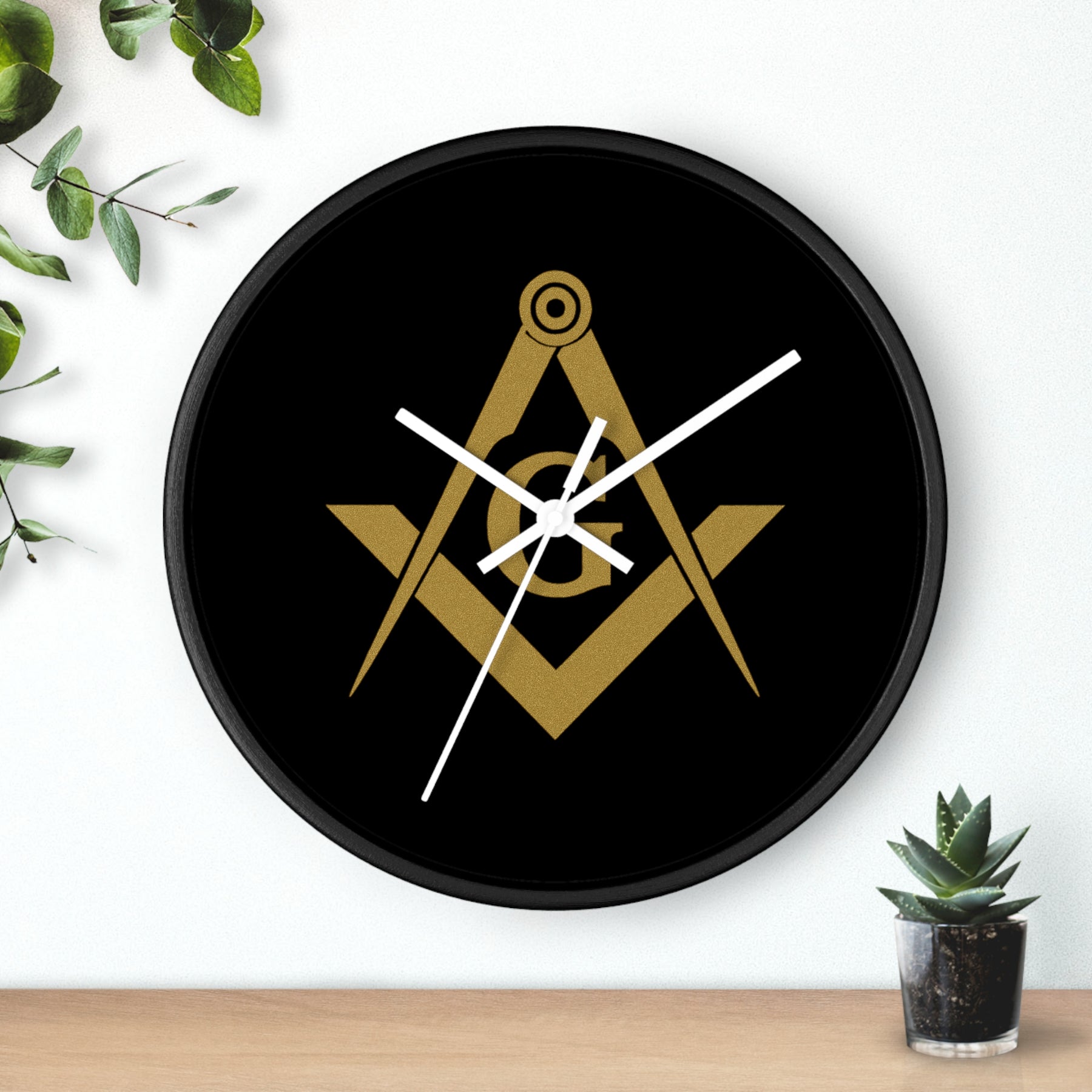 Master Mason Blue Lodge Clock - Shiny Golden S&C G on Black Dial - Bricks Masons