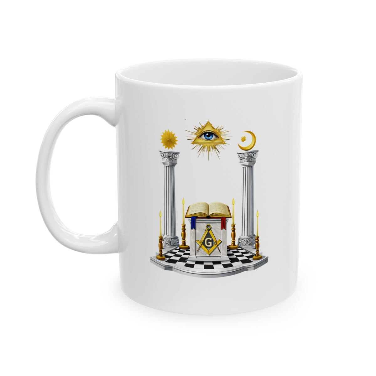 Master Mason Blue Lodge Mug - S&C G Altar Pillars & Eye on Checkered Floor