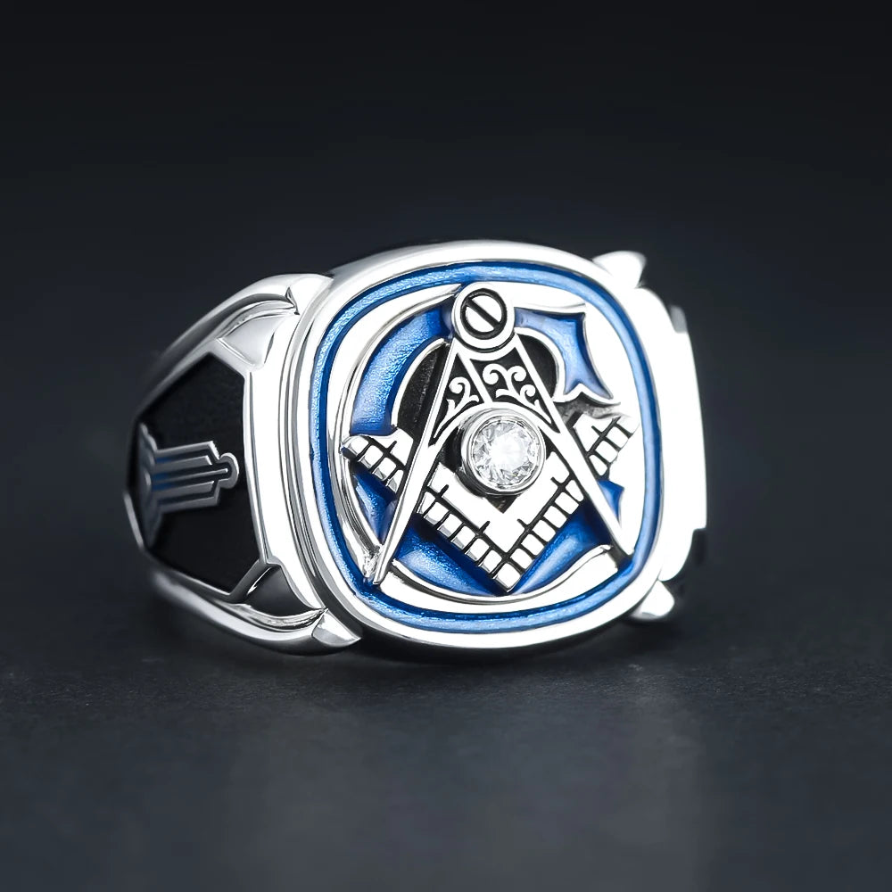Master Mason Blue Lodge Ring - Sterling Silver S&C with Masonic Tools On The Sides