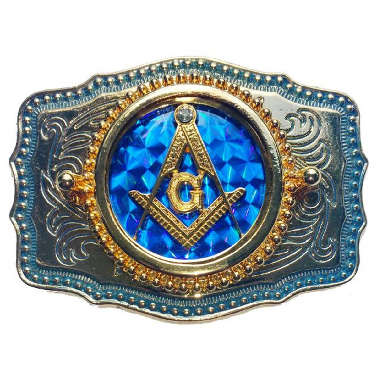Master Mason Blue Lodge Belt Buckle  -  Blue Raised Square & Compass - Bricks Masons