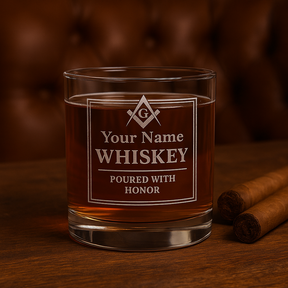 Master Mason Blue Lodge Whiskey Glass - Poured with Honor S&C G with Personalization