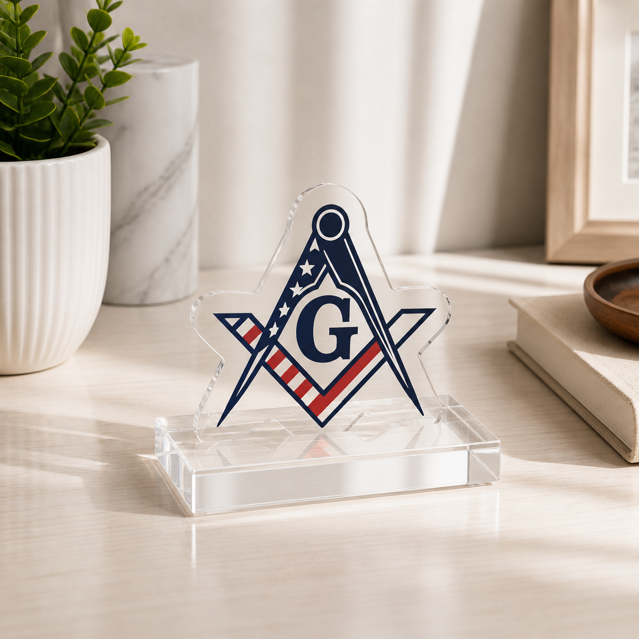 Master Mason Blue Lodge Plaque - Square & Compass G American Flag Print - Bricks Masons
