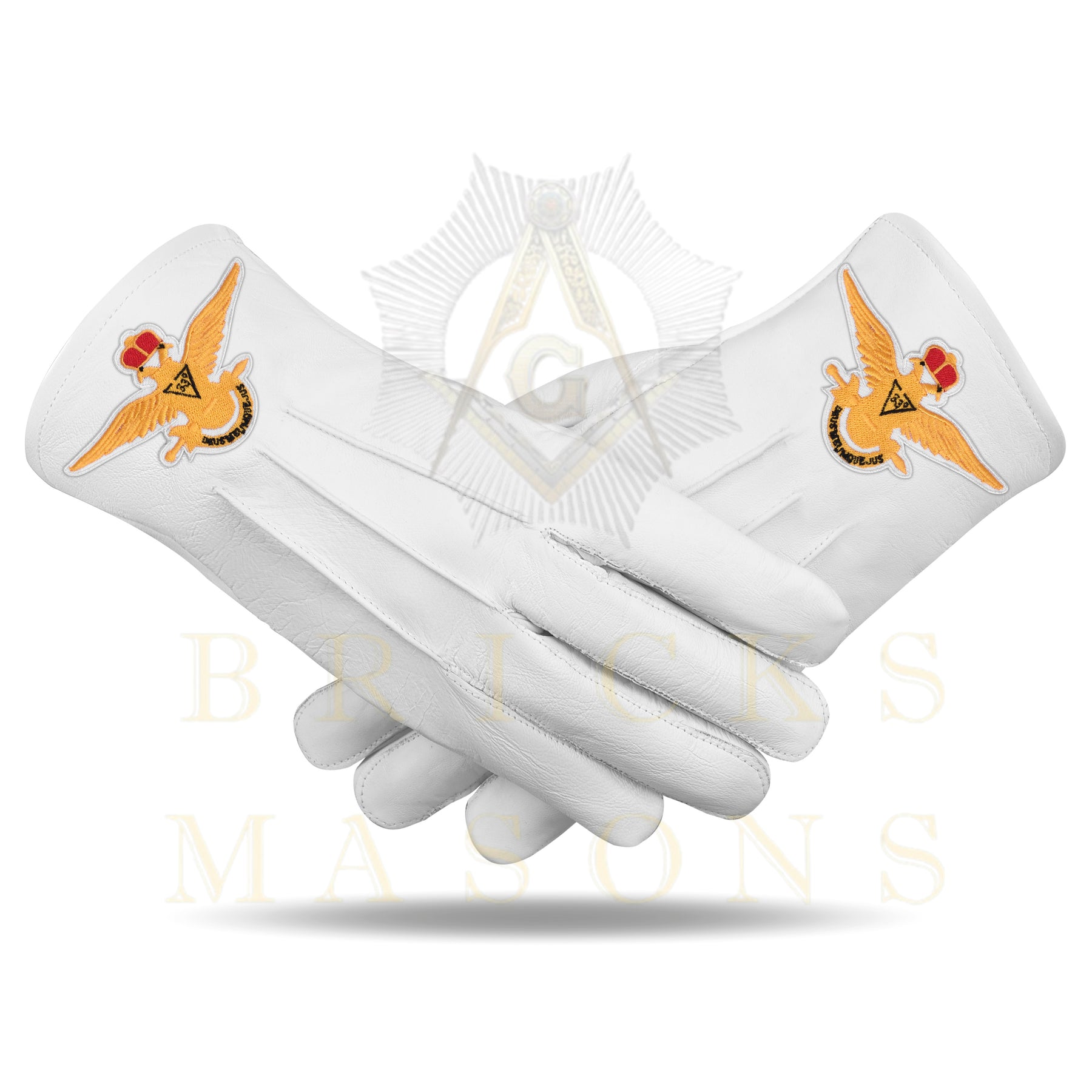33rd Degree Scottish Rite Gloves - White Leather Eagle Patch Wings Up - Bricks Masons
