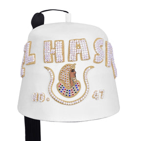 DOI PHA Fez Hat - Pure White & Gold Embroidery With Rhinestones (3 Rows as pictured)