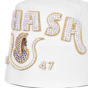 DOI PHA Fez Hat - Pure White & Gold Embroidery With Rhinestones (3 Rows as pictured)