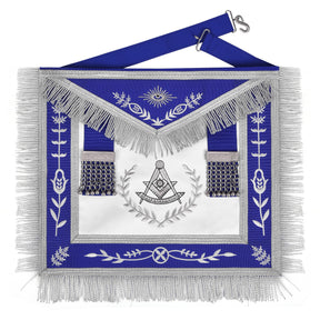 Past Master Blue Lodge California Regulation Apron - Blue Ribbon Silver Bullion With Wreath & Fringe