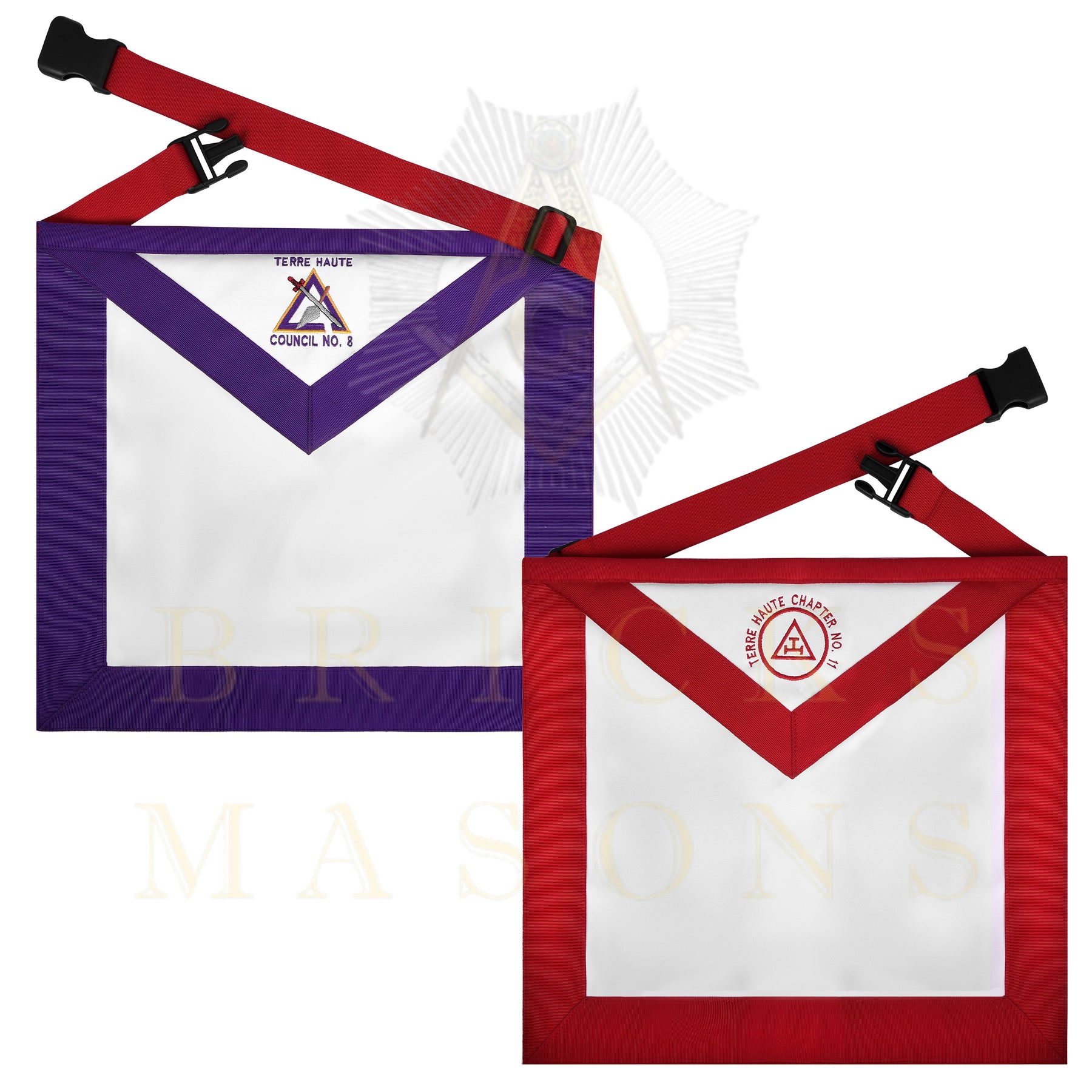 Royal Arch Chapter & Council Apron - Reversible Double-Sided Purple & Red Ribbon - Bricks Masons