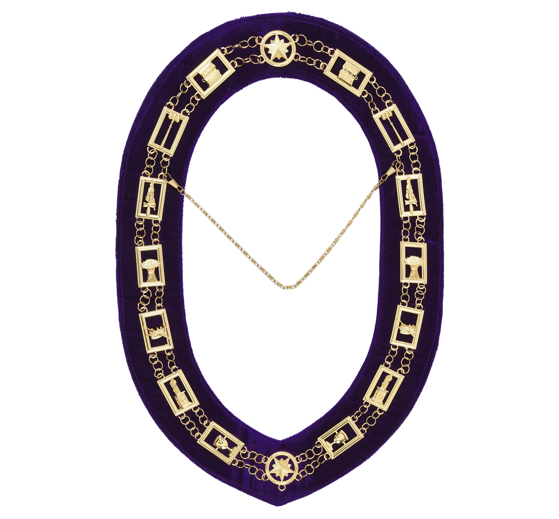 OES Chain Collar - Gold Plated with Rhinestones on Purple Velvet - Bricks Masons