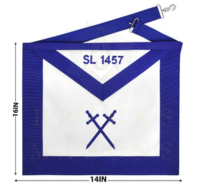 Sentinel Blue Lodge Officer Apron - Blue Ribbon With Machine Embroidery Customizable Flap - Bricks Masons