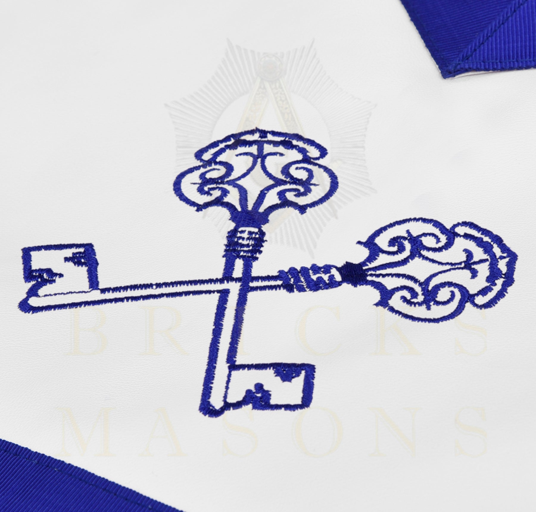 Treasurer Blue Lodge Officer Apron - Blue Ribbon With Machine Embroidery Customizable Flap - Bricks Masons