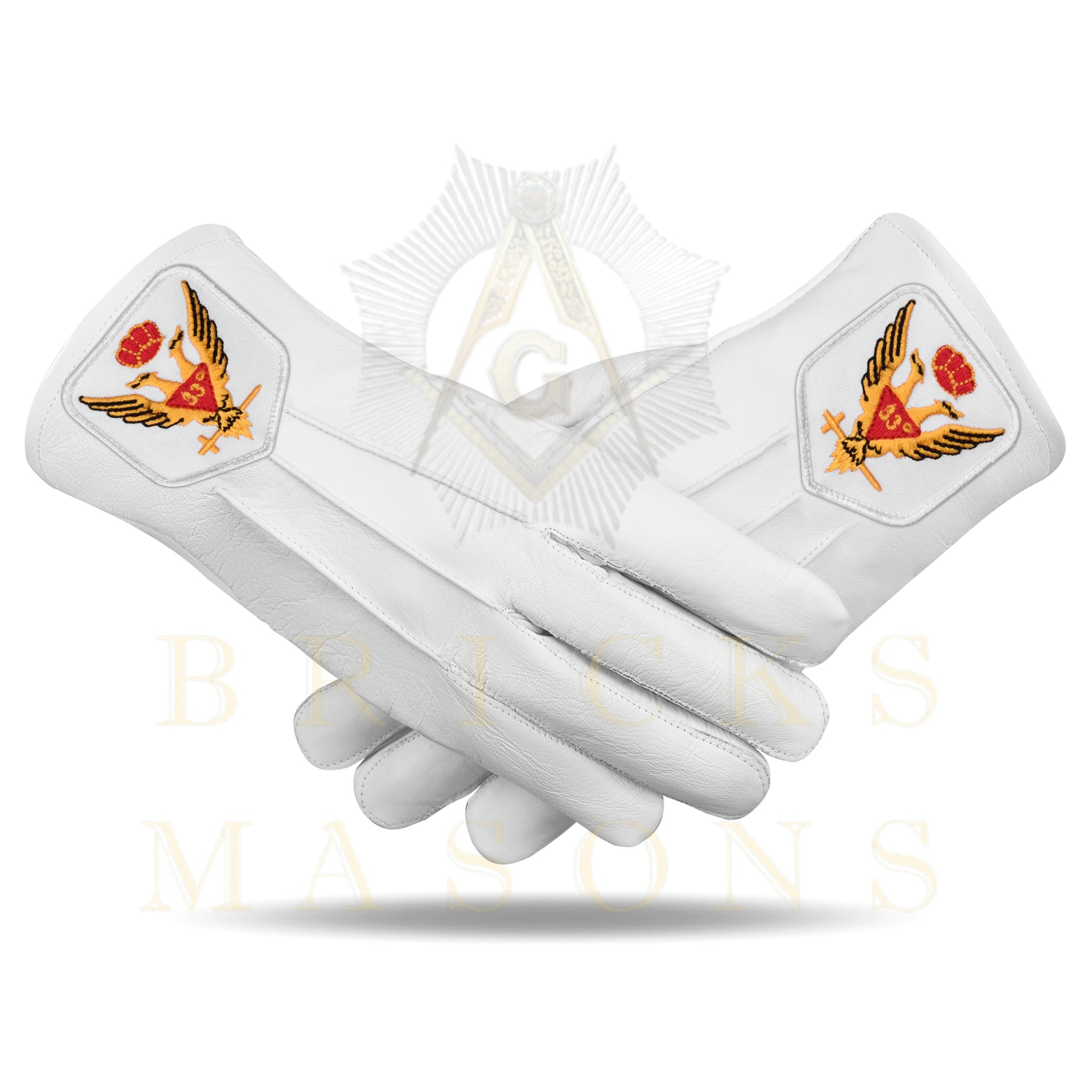 33rd Degree Scottish Rite Gloves - White Leather Eagle Wings Up Patch - Bricks Masons