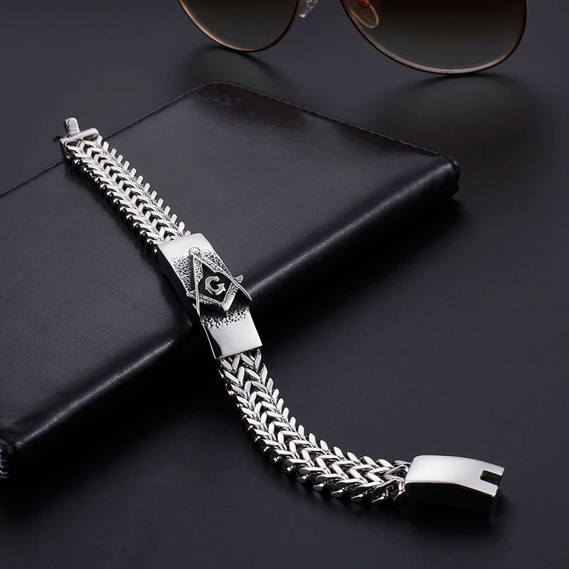 Master Mason Blue Lodge Bracelet - 316L Stainless Steel Figaro Chain - Bricks Masons