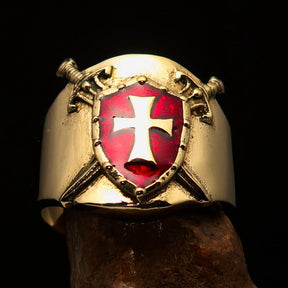 Knights Templar Commandery Ring - Red & Gold Shield Solid Brass