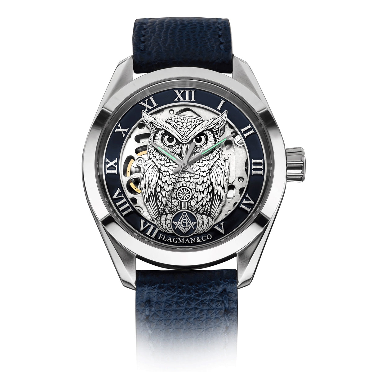 Master Mason Blue Lodge Wristwatch - Blue Bezel Owl with Square & Compasses G