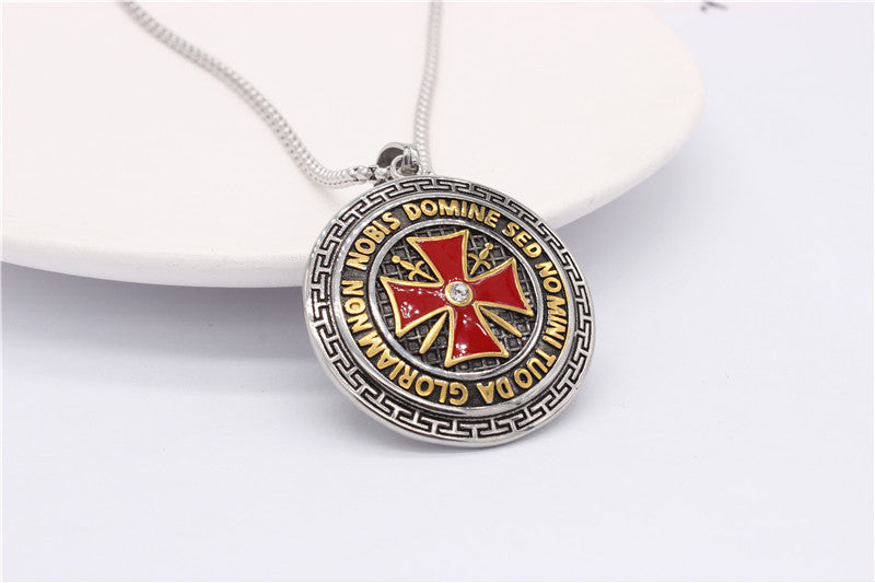 Knights Templar Commandery Pendant - Golden Steel Round Pendant With Red Cross - Bricks Masons