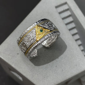 Eye Of Providence Ring - Green & Purple Diamond Adjustable Opening - Bricks Masons