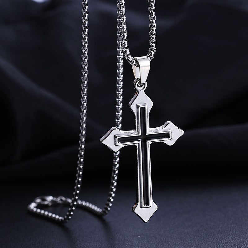 Knights Templar Commandery Necklace - Medieval Silver & Black Titanium Steel Cross - Bricks Masons