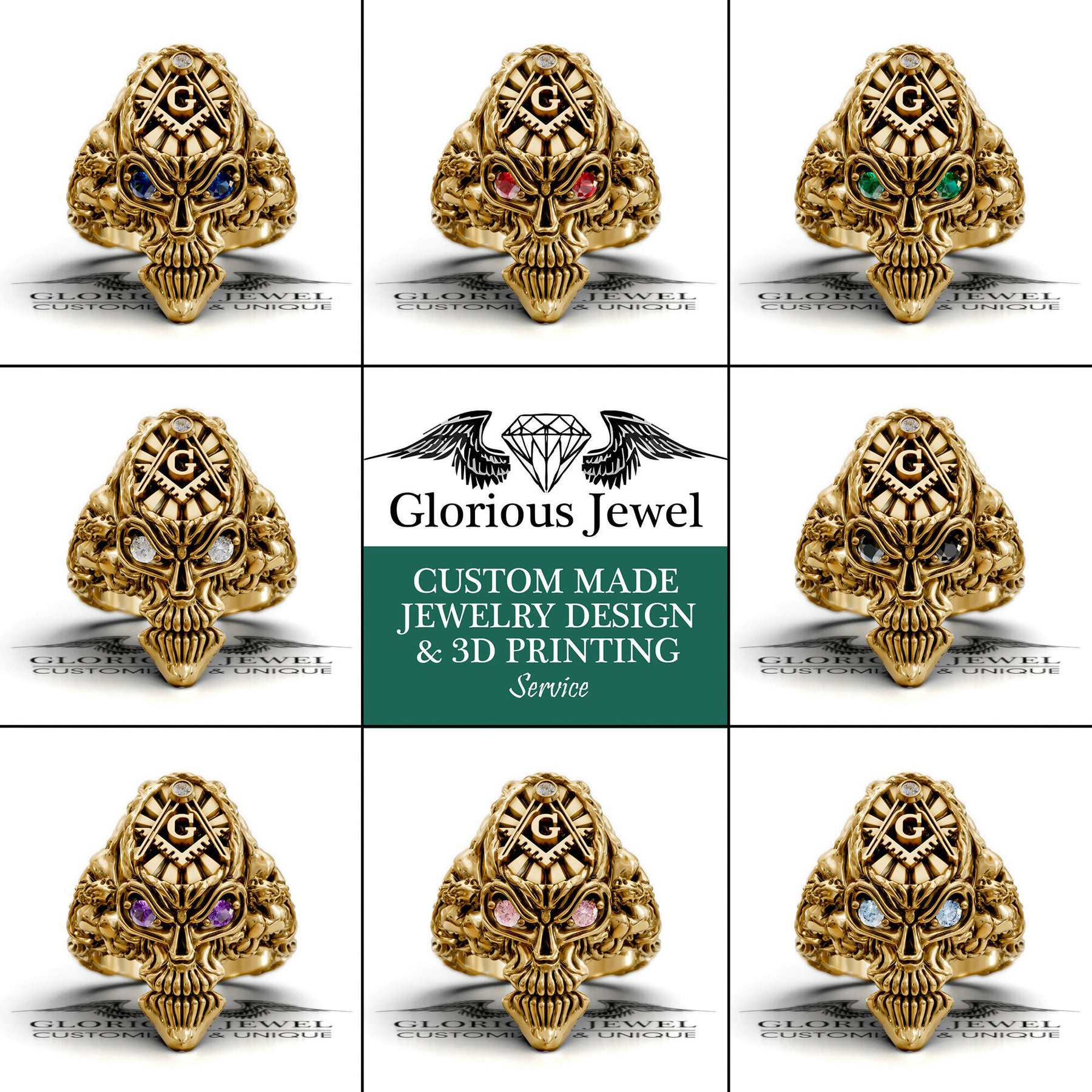 Master Mason Blue Lodge Ring - Skull Shape Various Colors & Materials - Bricks Masons