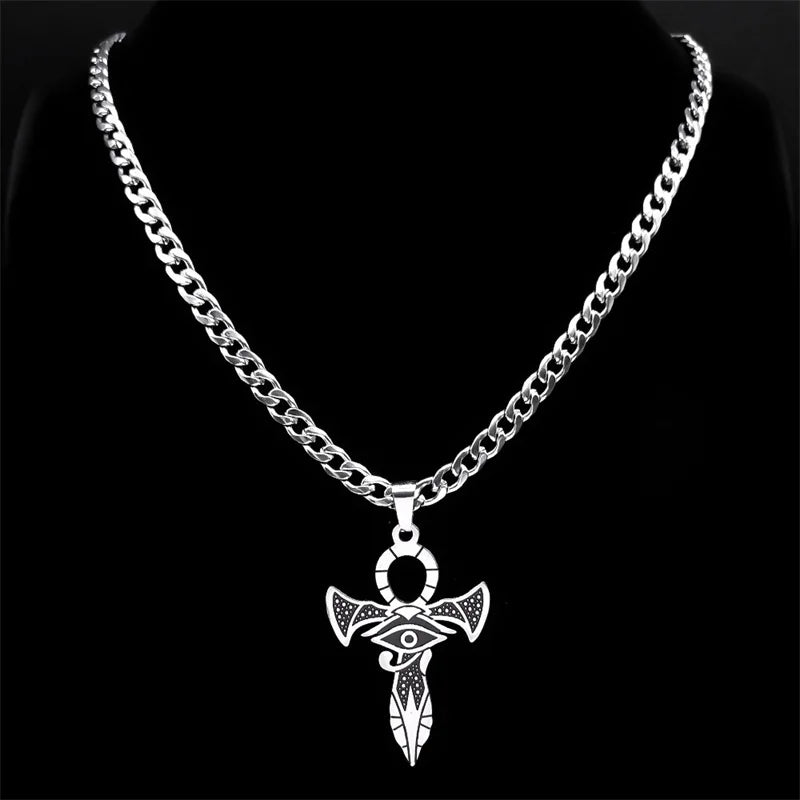 Ancient Egypt Necklace - Eye Of Horus Stainless Steel Ankh Cross - Bricks Masons