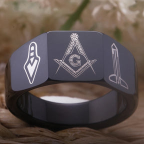 Master Mason Blue Lodge Ring - Black Tungsten Carbide - Bricks Masons