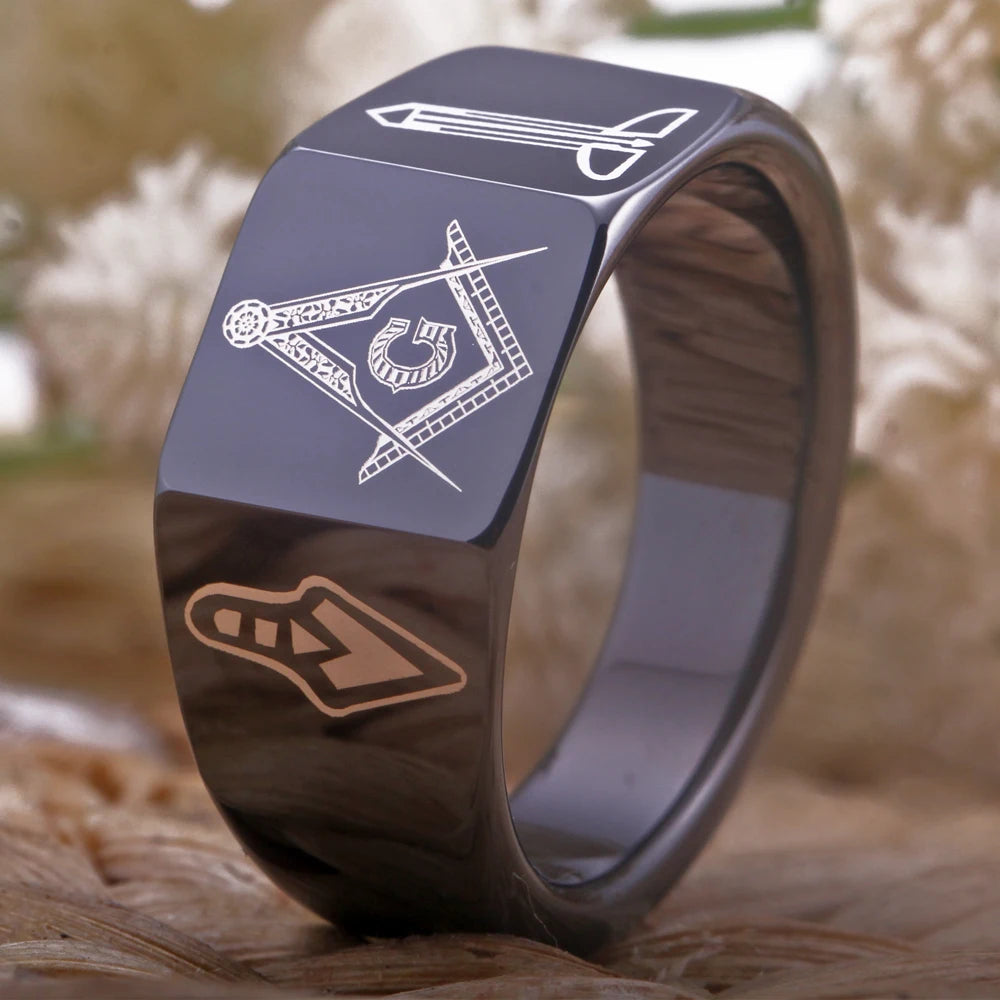 Master Mason Blue Lodge Ring - Black Tungsten Carbide - Bricks Masons