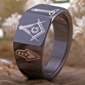 Master Mason Blue Lodge Ring - Black Tungsten Carbide - Bricks Masons