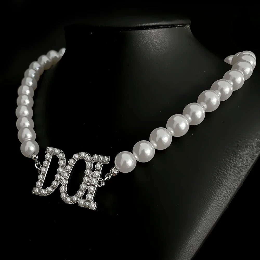 PHA DOI Necklace -  White & Silver With Letter Pearls - Bricks Masons