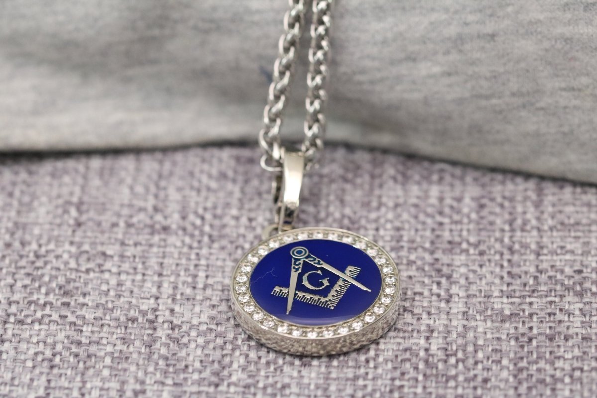 Master Mason Blue Lodge Necklace - White Gold Plated With Blue - Bricks Masons