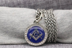Master Mason Blue Lodge Necklace - White Gold Plated With Blue - Bricks Masons