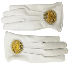 Grand Master Blue Lodge Gloves - White Leather with Gold Hand Embroidered Emblem - Bricks Masons
