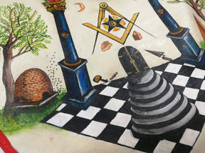 Hand-Painted Apron - Lambskin The Two Pillars of Jachin and Boaz - Bricks Masons