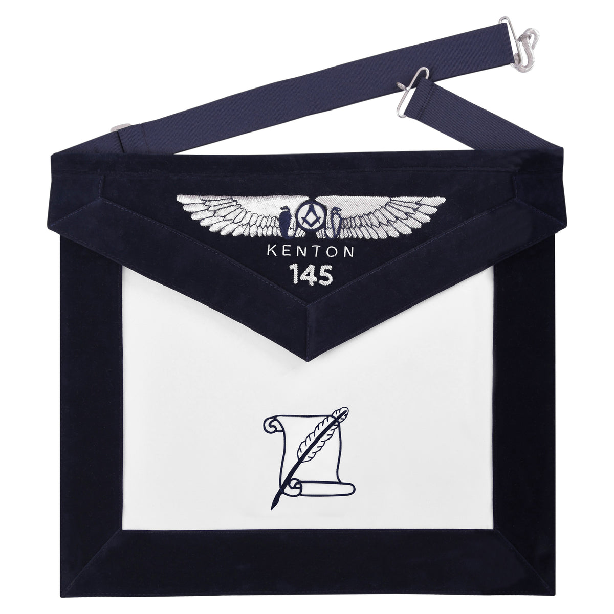 Historian Blue Lodge Officer Apron - Kenton Lodge Navy Velvet With Silver Embroidery Thread - Bricks Masons