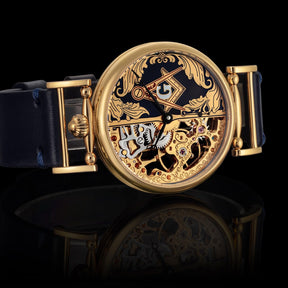 Master Mason Blue Lodge Wristwatch - Gold Skeleton Dial Intricate Detailing - Bricks Masons