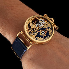 Master Mason Blue Lodge Wristwatch - Gold Skeleton Dial Intricate Detailing - Bricks Masons