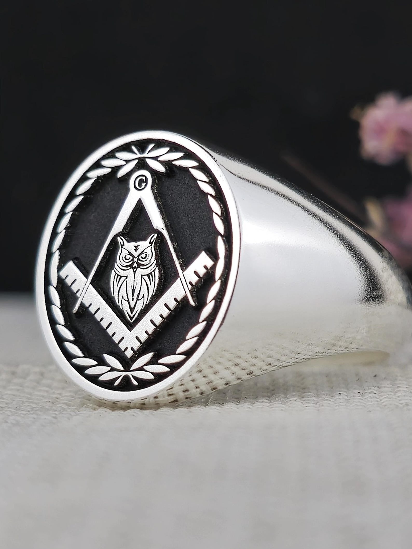 Master Mason Blue Lodge Ring - Silver & Black Owl With S & C - Bricks Masons