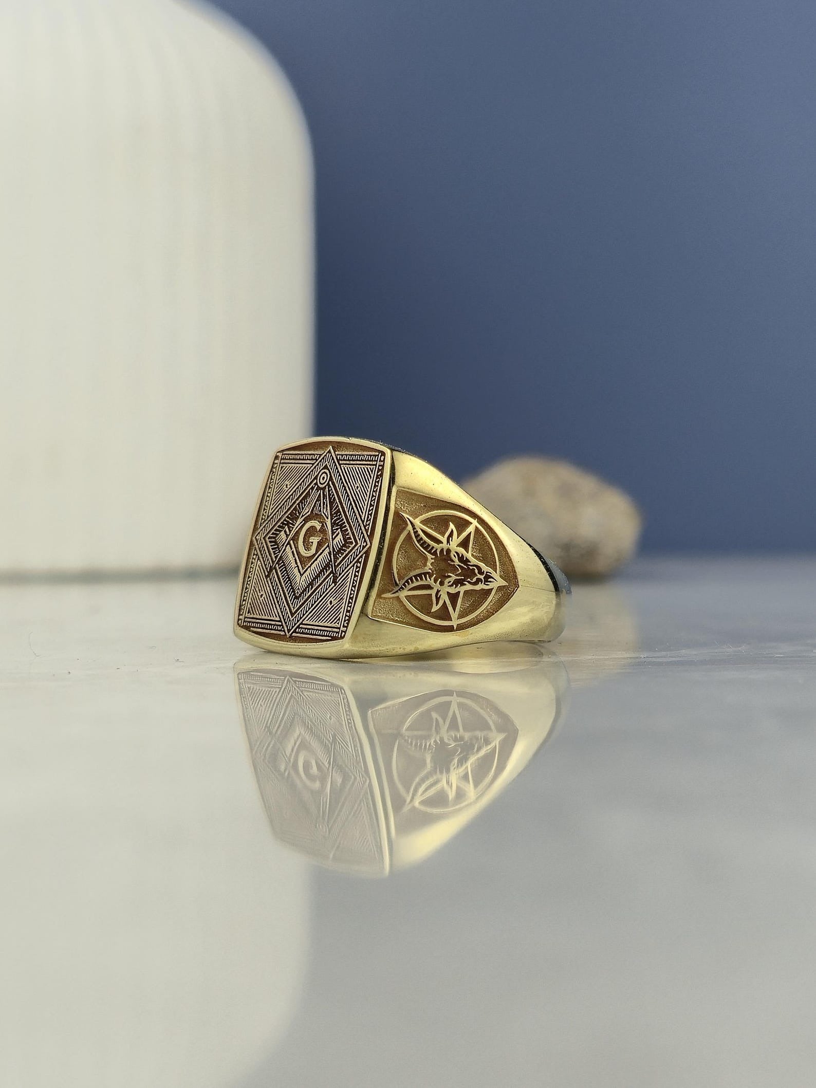 Master Mason Blue Lodge Ring - Torch & Star With Square & Compass - Bricks Masons