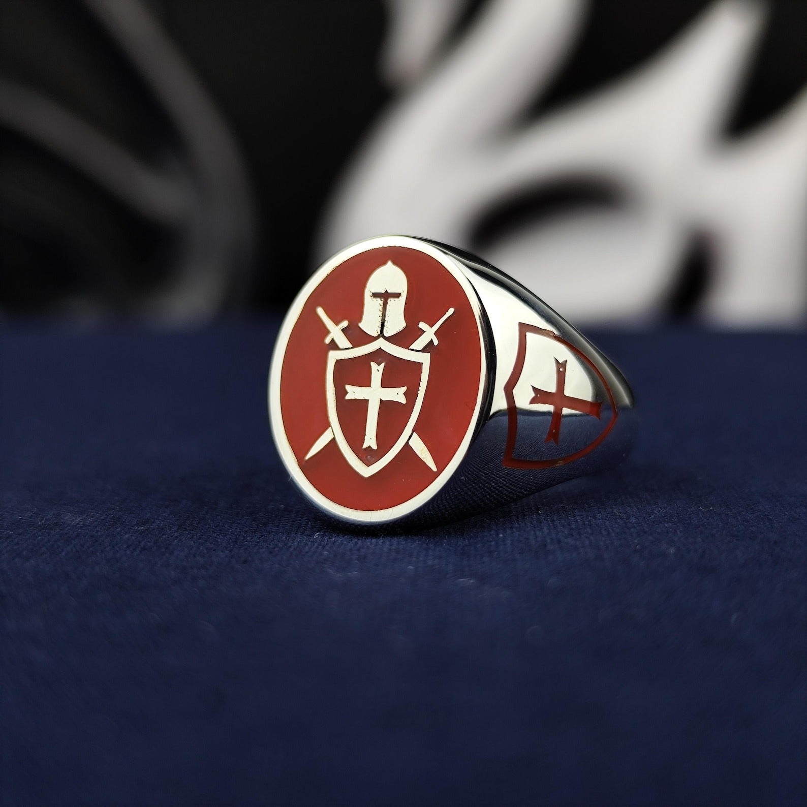 Knights Templar Ring - Personalized Red Enamel Templar Cross & Helmet - Bricks Masons