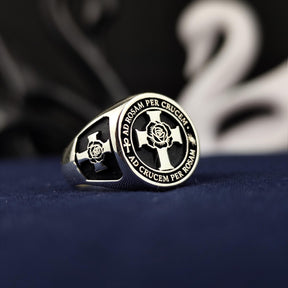 18th Degree Rose Croix Scottish Rite Ring - Blooming Rose & Latin Motto - Bricks Masons